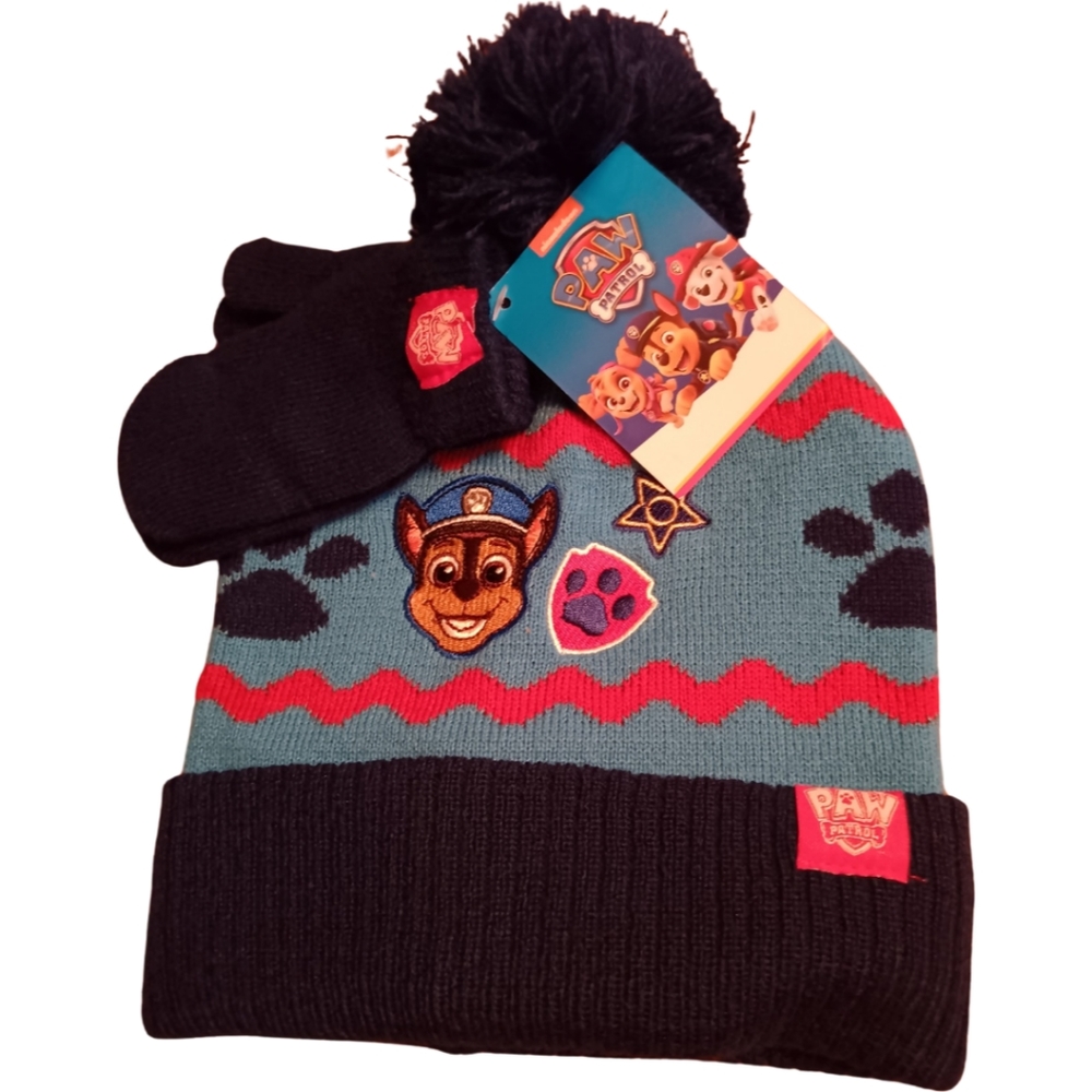 NWT Nickelodeon PAW PATROL 2PC BOYS Pom Pom Beanie Hat & MITTENS SET 2T-…